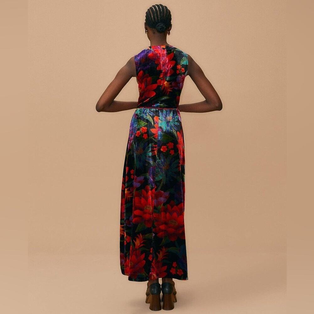 Farm Rio Velvet Black Multi Beaded Fringe Belt Flower Season Maxi Wrap Dress XS - Picture 8 of 9